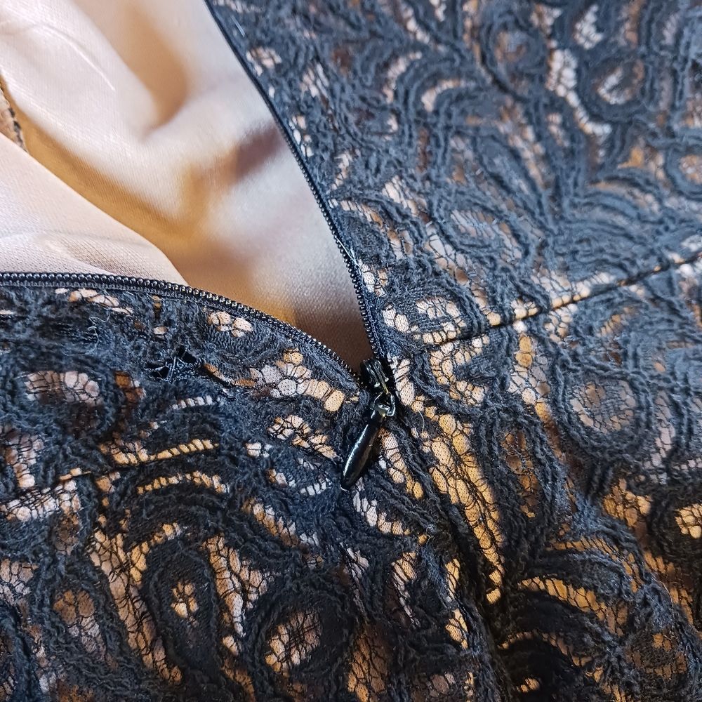 Lace Overlay Knee Length Date Night Dress Whimsigoth Balletcore Black Tan Size 6 - Picture 9 of 11